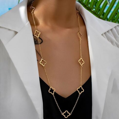 Golden Four Leaf Clover Necklace Long Adjustable Necklace with Hollow out Four Leaf Lucky Birthday Gift for Women in Saudi Arabia