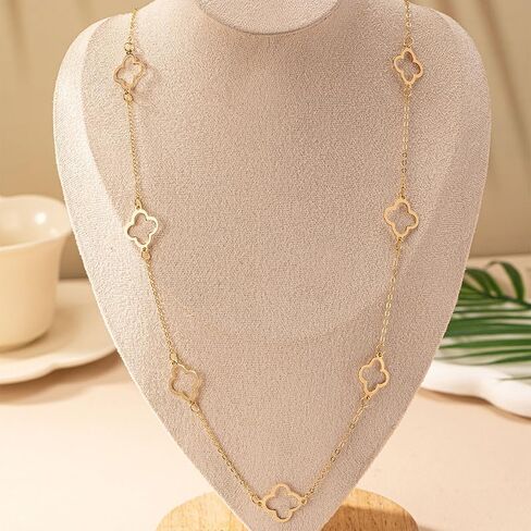 Golden Four Leaf Clover Necklace Long Adjustable Necklace with Hollow out Four Leaf Lucky Birthday Gift for Women in Saudi Arabia