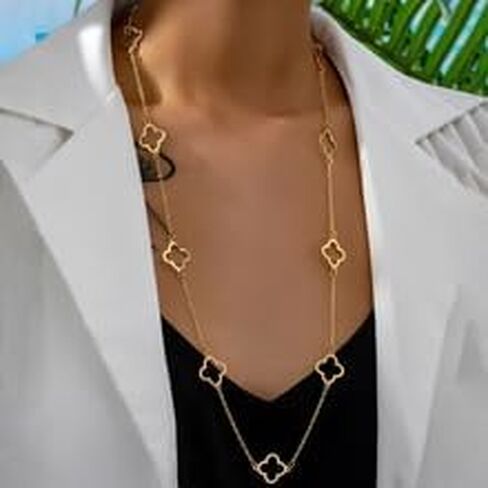 Golden Four Leaf Clover Necklace Long Adjustable Necklace with Hollow out Four Leaf Lucky Birthday Gift for Women in Saudi Arabia