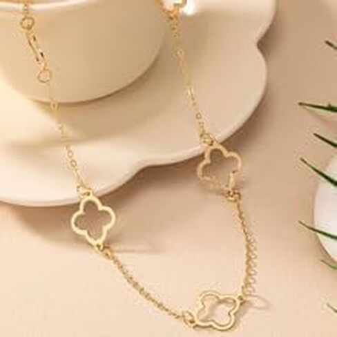 Golden Four Leaf Clover Necklace Long Adjustable Necklace with Hollow out Four Leaf Lucky Birthday Gift for Women in Saudi Arabia