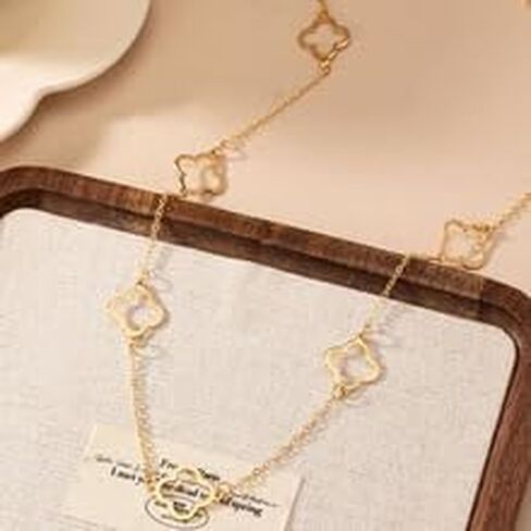 Golden Four Leaf Clover Necklace Long Adjustable Necklace with Hollow out Four Leaf Lucky Birthday Gift for Women in Saudi Arabia