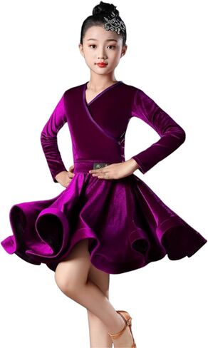 Girls Latin Dance Dress, Child Long Sleeve Velvet Competition Clothes Salsa Ballroom Tango Show Dresses in Saudi Arabia