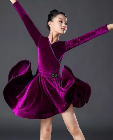 Girls Latin Dance Dress, Child Long Sleeve Velvet Competition Clothes Salsa Ballroom Tango Show Dresses in Saudi Arabia