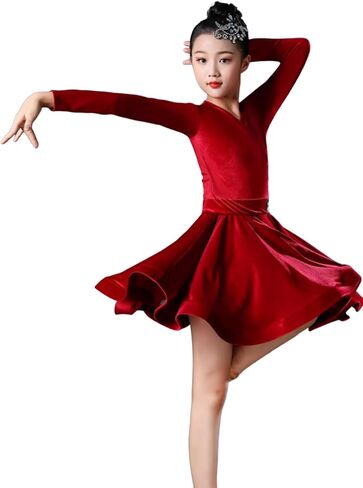 Girls Latin Dance Dress, Child Long Sleeve Velvet Competition Clothes Salsa Ballroom Tango Show Dresses in Saudi Arabia