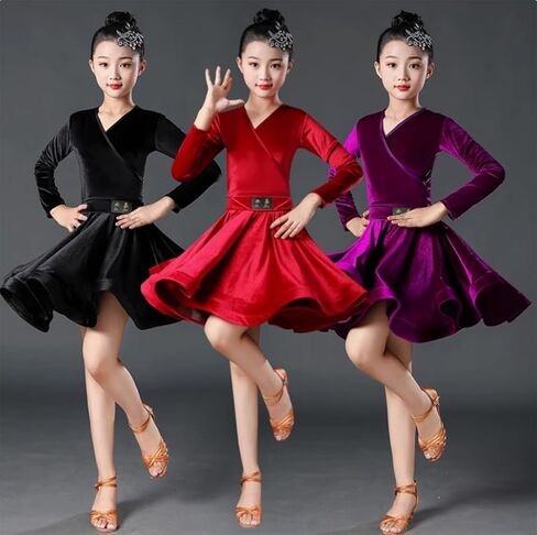 Girls Latin Dance Dress, Child Long Sleeve Velvet Competition Clothes Salsa Ballroom Tango Show Dresses in Saudi Arabia