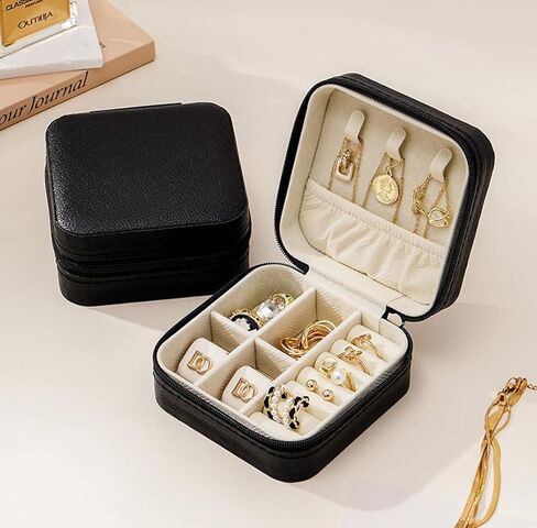 Mini Jewelry Travel Case, Small Portable Jewellery Storage, PU Leather Travel Jewelry Organizer Box, for Women, Girls, Wedding, Birthday, 3.74x3.74x1.92 In (Black) in Saudi Arabia