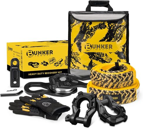 Bunker Indust Off Road Recovery Kit ، تشمل حزام السحب 30 قدمًا+10 أقدام ، كتلة خطف ، أغلال دائري ، مستقبل القيود ، القفازات ، حقيبة Winch Dampener ، معدات استرداد 4x4 للشاحنات ، سيارات الدفع الرباعي ، ATVs in Saudi Arabia