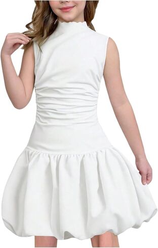 OYOANGLE Girl's Sleeveless Mock Neck Bubble Dress Lettuce Trim Party Ruffle A Line Short Dresses in Saudi Arabia