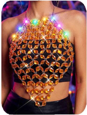 Aukmla Crystal Bra Body Chain Top Silver Rhinestones Light Up Halter Crop Tops LED Beach Bikini Chest Chains Body Jewelry for Women in Saudi Arabia