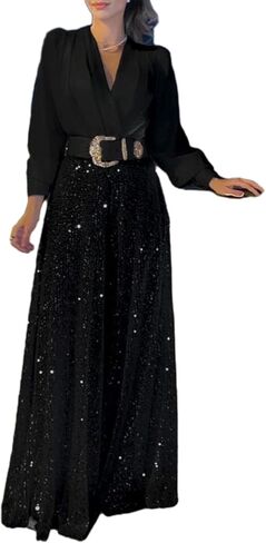 Elegant V-Neck Long Sleeve Shirt Leg Sequined Pants with Belt,Women's 2024 Fall Long Sleeve Wide Leg Jumpsuits in Saudi Arabia
