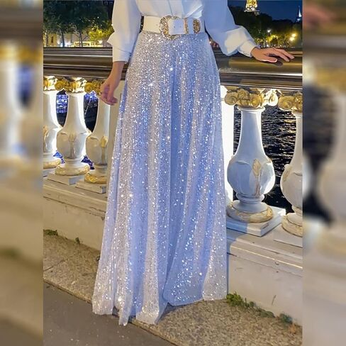 سروال أنيق بأكمام طويلة ورقبة على شكل حرف v مزين بالترتر مع حزام، بدلة نسائية لخريف 2024 بأكمام طويلة وواسعة الساق in Kuwait