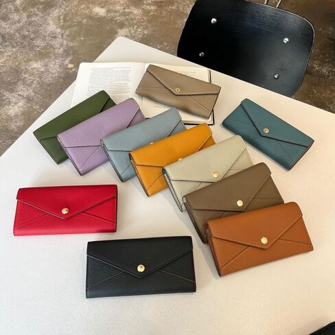 Envelope Wallets for Women, Genuine Leather Coin Purse with Zip Coin Pocket, Long Slim Credit Card Holder (Red,L19xW10xH3cmL7.5×W3.9×H1.2in) in Saudi Arabia