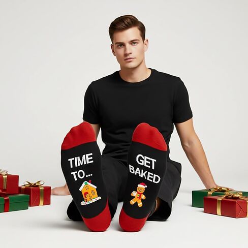 Funny Christmas Socks for Men Women Teen Boys - Time to Get Baked Gingerbread Fun Novelty Funky Crazy Cool Cute Crew Socks Gift Ideas - Gag Unique Holiday Christmas Xmas Sant Gifts Stocking Stuffers in Saudi Arabia