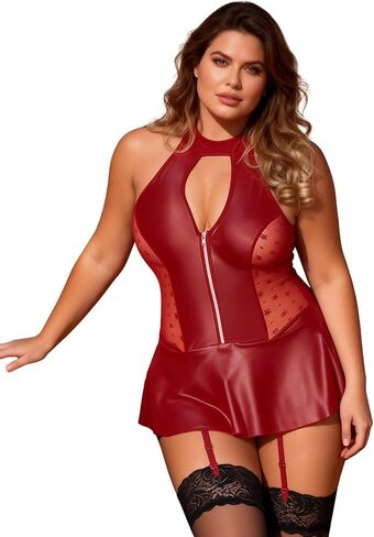 Ohyeah Pu Leather Lingerie بالإضافة إلى حجم الملابس الداخلية Babydoll مع حزام الرباط سحاب Lightwear Halter Dress S-2xl in Kuwait
