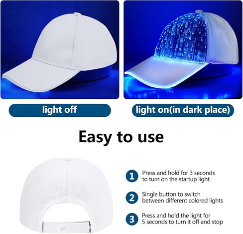 USB Charging Light up Fiber Optic Hat LED Hat with 7 Colors Luminous Glowing EDC Baseball Cap White in Saudi Arabia