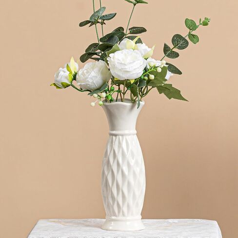 White Ceramic Vase with Diamond Texture - 8.3" Unique Flower Vase for Pampas Grass & Centerpieces, Decorative Boho/Farmhouse Vase for Living Room, Office Desk & Gift for Her/Yourself in Saudi Arabia