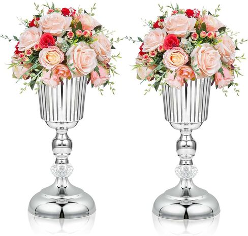 2PCS Silver Metal Flower Trumpet Stripe Vases Crystal Table Centerpieces Artificial Flower Arrangements for Anniversary Celebration/Wedding/Party/Birthday Event Aisle Home Decor in Saudi Arabia