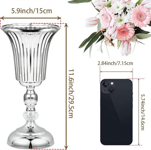 2PCS Silver Metal Flower Trumpet Stripe Vases Crystal Table Centerpieces Artificial Flower Arrangements for Anniversary Celebration/Wedding/Party/Birthday Event Aisle Home Decor in Saudi Arabia