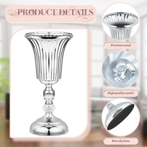 2PCS Silver Metal Flower Trumpet Stripe Vases Crystal Table Centerpieces Artificial Flower Arrangements for Anniversary Celebration/Wedding/Party/Birthday Event Aisle Home Decor in Saudi Arabia