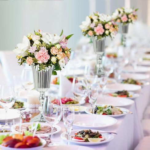 2PCS Silver Metal Flower Trumpet Stripe Vases Crystal Table Centerpieces Artificial Flower Arrangements for Anniversary Celebration/Wedding/Party/Birthday Event Aisle Home Decor in Saudi Arabia
