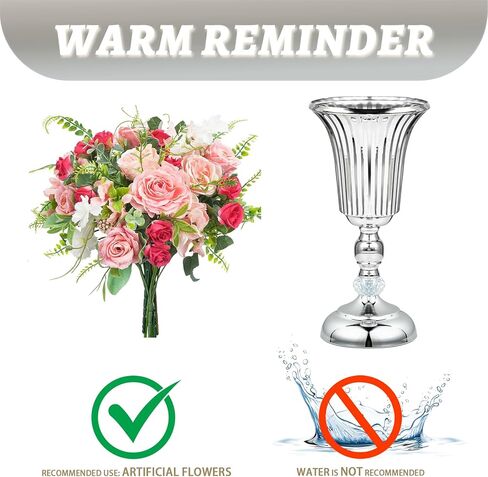 2PCS Silver Metal Flower Trumpet Stripe Vases Crystal Table Centerpieces Artificial Flower Arrangements for Anniversary Celebration/Wedding/Party/Birthday Event Aisle Home Decor in Saudi Arabia