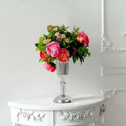 2PCS Silver Metal Flower Trumpet Stripe Vases Crystal Table Centerpieces Artificial Flower Arrangements for Anniversary Celebration/Wedding/Party/Birthday Event Aisle Home Decor in Saudi Arabia