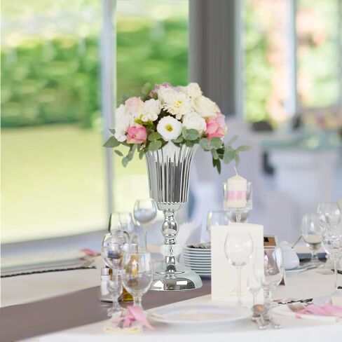 2PCS Silver Metal Flower Trumpet Stripe Vases Crystal Table Centerpieces Artificial Flower Arrangements for Anniversary Celebration/Wedding/Party/Birthday Event Aisle Home Decor in Saudi Arabia