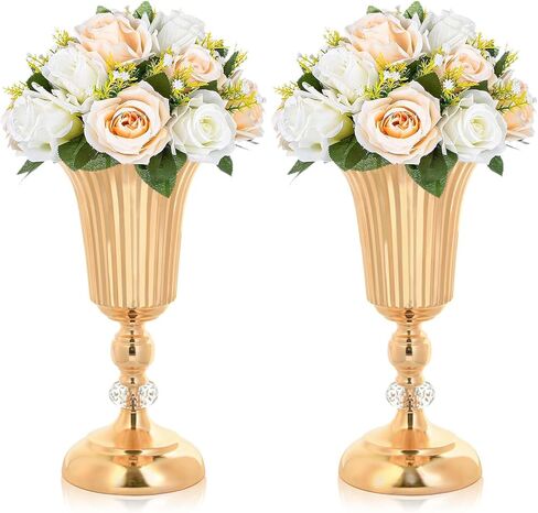 2PCS Silver Metal Flower Trumpet Stripe Vases Crystal Table Centerpieces Artificial Flower Arrangements for Anniversary Celebration/Wedding/Party/Birthday Event Aisle Home Decor in Saudi Arabia
