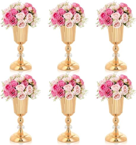 2PCS Silver Metal Flower Trumpet Stripe Vases Crystal Table Centerpieces Artificial Flower Arrangements for Anniversary Celebration/Wedding/Party/Birthday Event Aisle Home Decor in Saudi Arabia