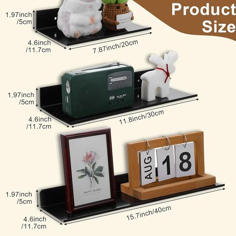Floating Shelves for Wall Set of 3, Black Metal Wall Shelves for Bathroom 7.8/11.8/15.7 in, Modern Small Adhesive Shelf for Living Room, Bedroom, Office, Kitchen in Saudi Arabia
