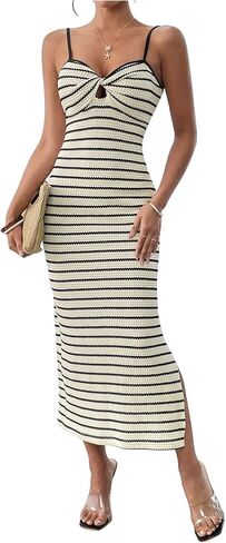 GORGLITTER Women's Crochet Striped Bodycon Maxi Dresses Summer Backless Sleeveless Twist Spaghetti Strap Knit Sundress in Saudi Arabia