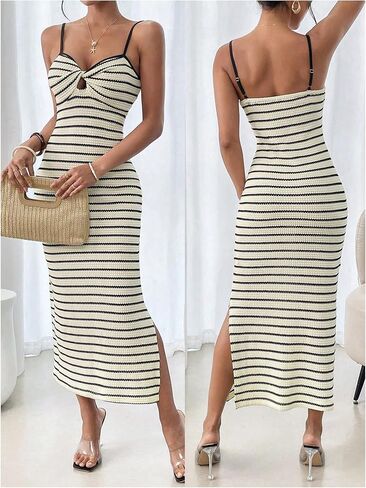 GORGLITTER Women's Crochet Striped Bodycon Maxi Dresses Summer Backless Sleeveless Twist Spaghetti Strap Knit Sundress in Saudi Arabia