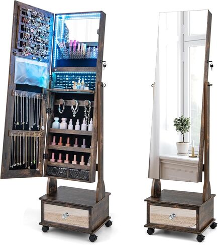 GOFLAME Standing Jewelry Cabinet Armoire with Wheels, Lockable Jewelry Storage Organizer with Full Length Mirror, 3-Color LED Lights, Interior Makeup Mirror, Jewelry Armoire for Bedroom (Rustic Brown) in Saudi Arabia
