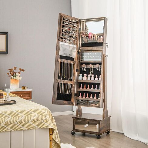 GOFLAME Standing Jewelry Cabinet Armoire with Wheels, Lockable Jewelry Storage Organizer with Full Length Mirror, 3-Color LED Lights, Interior Makeup Mirror, Jewelry Armoire for Bedroom (Rustic Brown) in Saudi Arabia