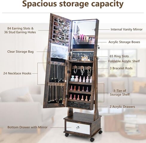 GOFLAME Standing Jewelry Cabinet Armoire with Wheels, Lockable Jewelry Storage Organizer with Full Length Mirror, 3-Color LED Lights, Interior Makeup Mirror, Jewelry Armoire for Bedroom (Rustic Brown) in Saudi Arabia