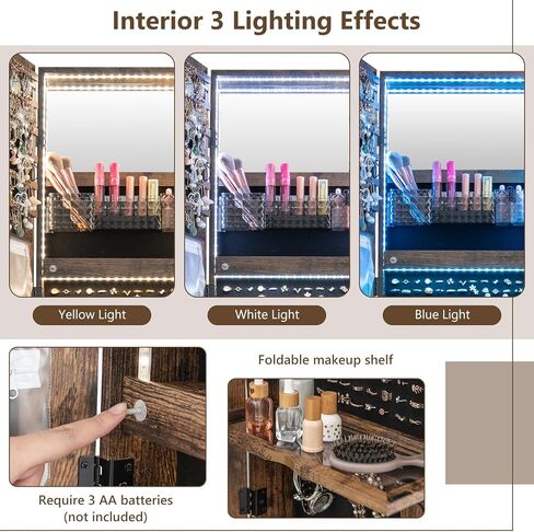 GOFLAME Standing Jewelry Cabinet Armoire with Wheels, Lockable Jewelry Storage Organizer with Full Length Mirror, 3-Color LED Lights, Interior Makeup Mirror, Jewelry Armoire for Bedroom (Rustic Brown) in Saudi Arabia