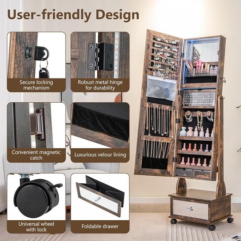GOFLAME Standing Jewelry Cabinet Armoire with Wheels, Lockable Jewelry Storage Organizer with Full Length Mirror, 3-Color LED Lights, Interior Makeup Mirror, Jewelry Armoire for Bedroom (Rustic Brown) in Saudi Arabia