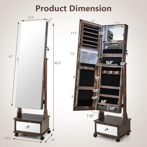 GOFLAME Standing Jewelry Cabinet Armoire with Wheels, Lockable Jewelry Storage Organizer with Full Length Mirror, 3-Color LED Lights, Interior Makeup Mirror, Jewelry Armoire for Bedroom (Rustic Brown) in Saudi Arabia