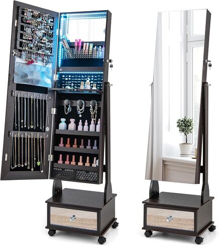 GOFLAME Standing Jewelry Cabinet Armoire with Wheels, Lockable Jewelry Storage Organizer with Full Length Mirror, 3-Color LED Lights, Interior Makeup Mirror, Jewelry Armoire for Bedroom (Rustic Brown) in Saudi Arabia