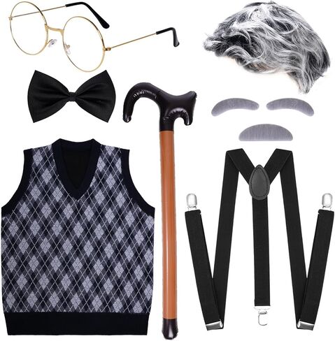 7 PCS Adult 100 Days of School Men Costume, 100 Days of School Man Costume for Halloween Grandpa Costume 1920s Old Man Dress Up Outfit Accessories in Kuwait