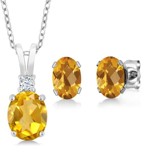مجموعة مجوهرات من Gem Stone King 2.85 Cttw قلادة وأقراط من السترين الأصفر للنساء من الفضة الإسترليني عيار 925 | جوهرة الميلاد الأحجار الكريمة | بيضاوي 8 × 6 مم و 7 × 5 مم | مع سلسلة فضية مقاس 18 بوصة in Saudi Arabia
