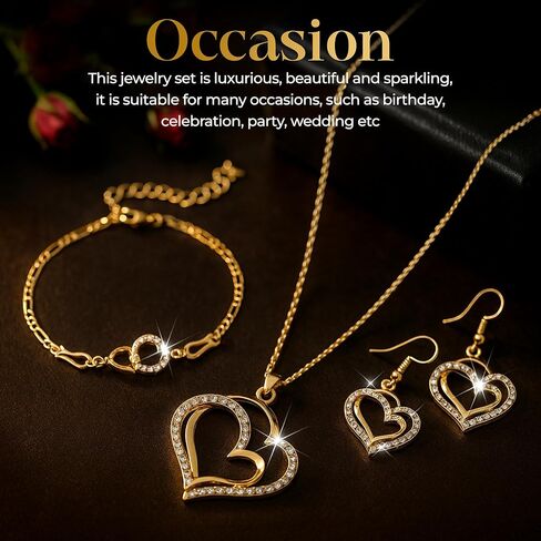 Gold-Plated Heart Crystal Jewelry Set for Women – Necklace, Bracelet & Earrings with Rhinestone Accents – Elegant Gift for Wedding, Party, Anniversary in Saudi Arabia