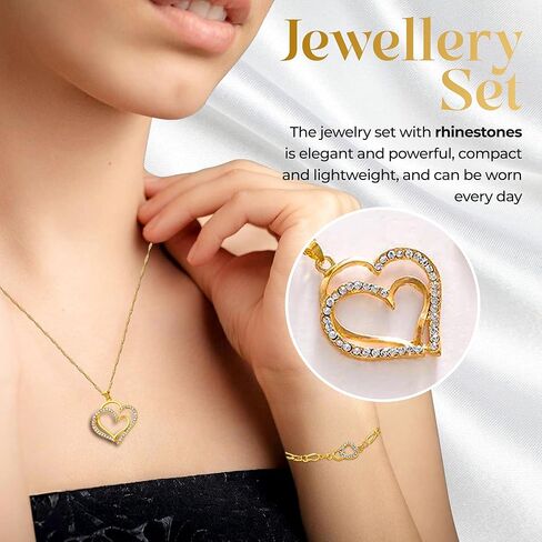 Gold-Plated Heart Crystal Jewelry Set for Women – Necklace, Bracelet & Earrings with Rhinestone Accents – Elegant Gift for Wedding, Party, Anniversary in Saudi Arabia