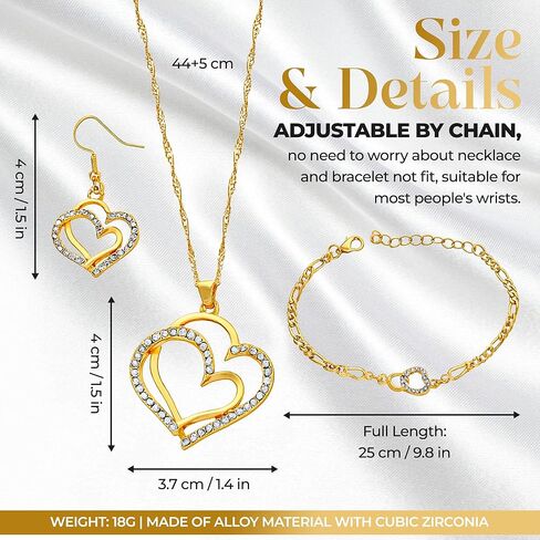 Gold-Plated Heart Crystal Jewelry Set for Women – Necklace, Bracelet & Earrings with Rhinestone Accents – Elegant Gift for Wedding, Party, Anniversary in Saudi Arabia