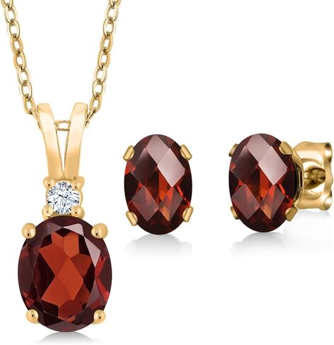 مجموعة أقراط قلادة من الفضة المطلية بالذهب الأصفر عيار 18 قيراط من Gem Stone King 3.29 قيراط من العقيق الأحمر البيضاوي للنساء | جوهرة الميلاد الأحجار الكريمة | بيضاوي 8 × 6 مم و 7 × 5 مم | مع سلسلة 18 بوصة in Saudi Arabia