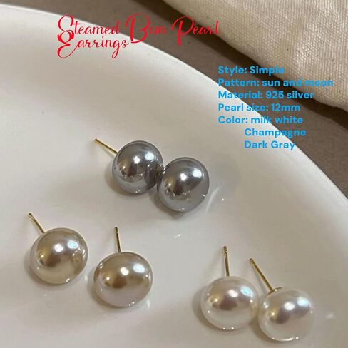Women's Three Pieces Pearl Earrings Set, S925 Silver Beige Champagne Gray 0.47 Inch Pearl Jewelry Birthstone Gift in Saudi Arabia
