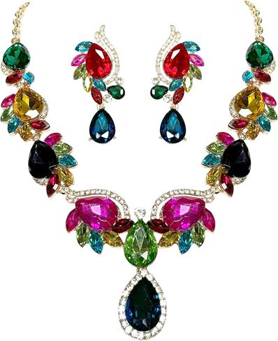 Women Jewelry Set Rhinestone Crystal Bride Statement Choker Necklace Teardrop Cluster Dangle Earrings Set for Wedding Prom Party in Saudi Arabia