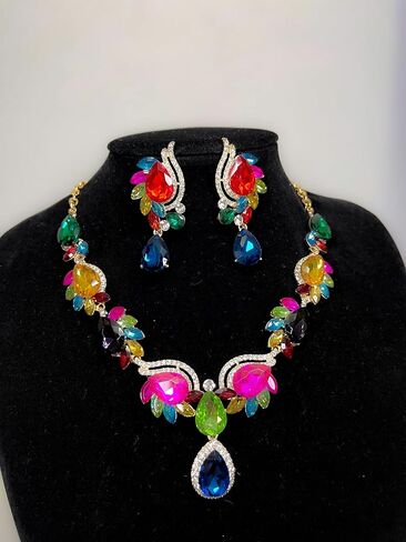 Women Jewelry Set Rhinestone Crystal Bride Statement Choker Necklace Teardrop Cluster Dangle Earrings Set for Wedding Prom Party in Saudi Arabia