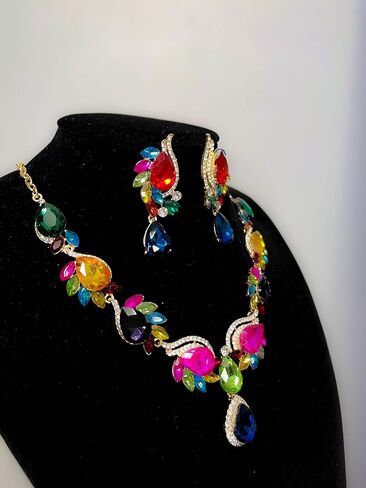 Women Jewelry Set Rhinestone Crystal Bride Statement Choker Necklace Teardrop Cluster Dangle Earrings Set for Wedding Prom Party in Saudi Arabia