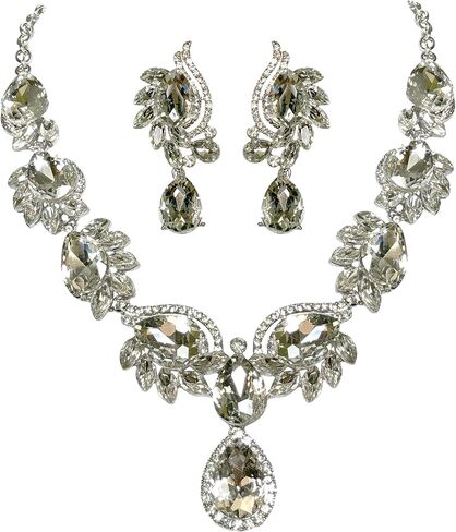 Women Jewelry Set Rhinestone Crystal Bride Statement Choker Necklace Teardrop Cluster Dangle Earrings Set for Wedding Prom Party in Saudi Arabia